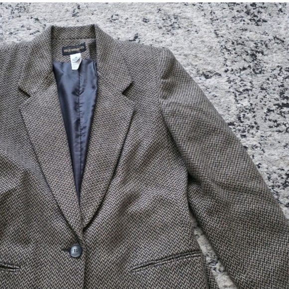 Vintage Requirements Wool Acrylic Blend Herringbone Blazer Womens 10 Brown Tan - Picture 1 of 8